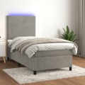 Cama Box Spring C/ Colchão/led 90x190 cm Veludo Cinzento-claro