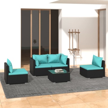 Conjunto Lounge de Jardim C/ Almofadões Vime Pe Preto 5 pcs