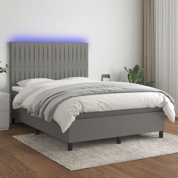 Cama Box Spring C/ Colchão e LED 140x190 cm Tecido Cinza-escuro