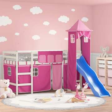 Cama Alta para Criança com Torre 90x190 cm Pinho Maciço Rosa