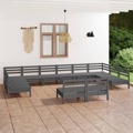 Conjunto Lounge de Jardim Pinho Maciço Cinzento 12 pcs