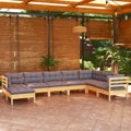 Conjunto Lounge de Jardim + Almofadões Cinza Pinho Maciço 8 pcs
