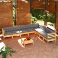Conjunto Lounge de Jardim + Almofadões Cinza Pinho Maciço 9 pcs