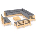 Conjunto Lounge de Jardim + Almofadões Cinza Pinho Maciço 12pcs