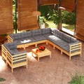 Conjunto Lounge de Jardim + Almofadões Cinza Pinho Maciço 10pcs