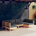 Conjunto Lounge de Jardim + Almofadões Cinza Pinho Maciço 6 pcs