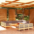 Conjunto Lounge de Jardim + Almofadões Cinza Pinho Maciço 14pcs
