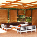 Conjunto Lounge de Jardim C/ Almofadões Pinho Maciço Branco 14 pcs