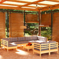 Conjunto Lounge de Jardim + Almofadões Cinza Pinho Maciço 10pcs