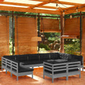 Conjunto Lounge de Jardim + Almofadões Pinho Maciço Cinza 11pcs