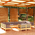 Conjunto Lounge de Jardim + Almofadões Cinza Pinho Maciço 12pcs
