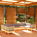 Conjunto Lounge de Jardim C/ Almofadões Cinzentos Pinho 9 pcs