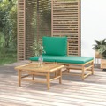 Conjunto Lounge de Jardim Bambu C/ Almofadões Verdes 3 pcs