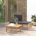 Conjunto Lounge de Jardim Bambu C/ Almofadões Cinzento-escuro 3pcs