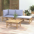 Conjunto Lounge de Jardim Bambu C/ Almofadões Cinzento-claro 4 pcs