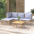 Conjunto Lounge de Jardim Bambu C/ Almofadões Cinzento-claro 5 pcs