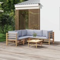 Conjunto Lounge de Jardim Bambu C/ Almofadões Cinzento-claro 6 pcs