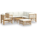 Conjunto Lounge de Jardim Bambu C/ Almofadões Branco Nata 8 pcs