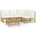 Conjunto Lounge de Jardim Bambu C/ Almofadões Branco Nata 5 pcs