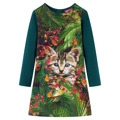 Vestido de Criança com Manga Comprida Estampa Gato Verde-escuro 128