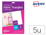 Papel Transfer Avery para Camisetas Algodon Color Branco Ink-jet Din A4 Pack de 5 Folhas