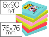 Bloco de Notas Adesivas Post-it Super Sticky 76x76 mm com 90 Folhas Pack de 6 Unidades Cores Miami