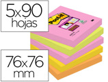 Bloco de Notas Adesivas Post-it Super Sticky 76x76 mm com 90 Folhas Pack de 5 Bloco Cores Sortidas Coleção Cape Town