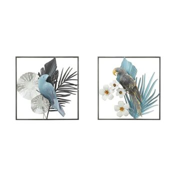 Decoração de Parede Dkd Home Decor Cinzento Azul Metal Papagaio Tropical (50 X 7,6 X 50 cm) (2 Unidades)