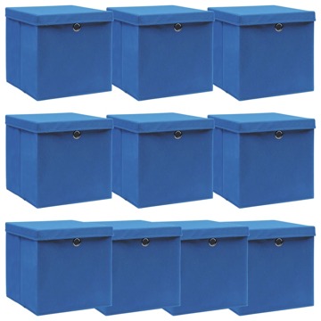 Caixas de Arrumação com Tampas 10 pcs 32x32x32 cm Tecido Azul