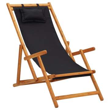 Cadeira de Praia Dobrável Madeira Eucalipto Maciça/tecido Preto