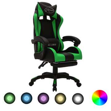 Cadeira Gaming Luzes LED Rgb Couro Artif. Verde/preto