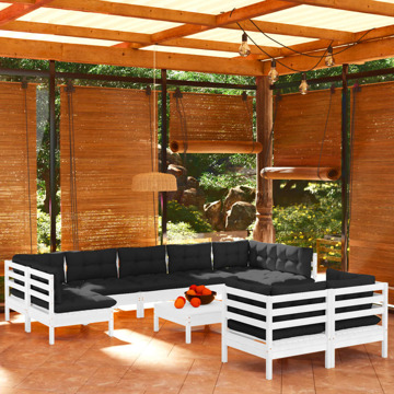 Conjunto Lounge de Jardim C/ Almofadões Pinho Maciço Branco 10 pcs