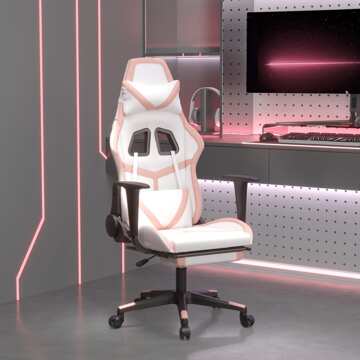 Cadeira Gaming Massagens C/ Apoio Pés Couro Artif. Branco/rosa