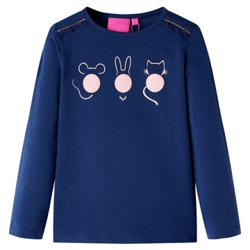 T-shirt Manga Comprida P/ Criança Estampa de Animais Azul-marinho 128