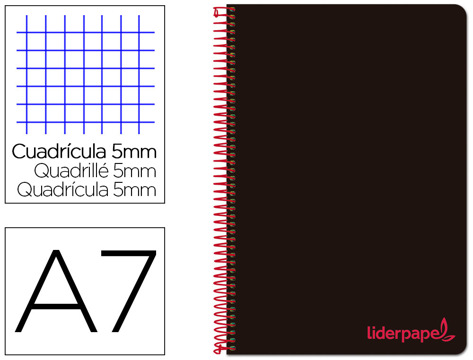 Caderno Espiral A7 Micro Wonder Tapa Plástico 100h 90 gr Cuadro 5mm 4 Bandas Color Negro