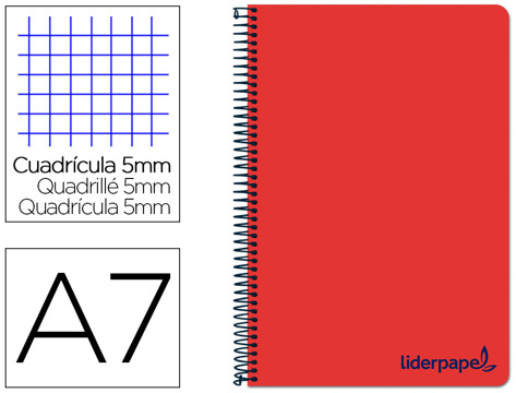 Caderno Espiral A7 Micro Wonder Tapa Plástico 100h 90 gr Cuadro 5mm 4 Bandas Color Rojo