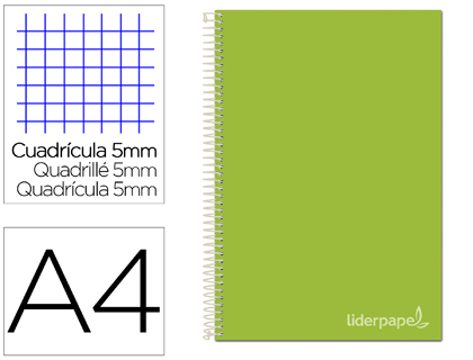 Caderno Espiral A4 Micro Jolly Tapa Forrada 140h 75 gr Cuadro 5mm 5 Bandas 4 Taladros Color Verde