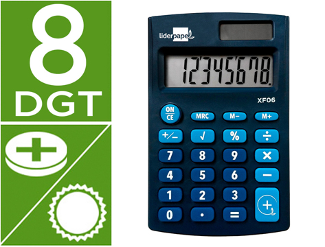 Calculadora de Bolso xf06 8 Digitos Solar e Pilhas Cor Azul 98x62x8 mm