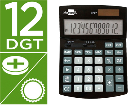 Calculadora de Secretária xf27 12 Digitos Taxas Solar e Pilhas Cor Preto 155x115x25 mm
