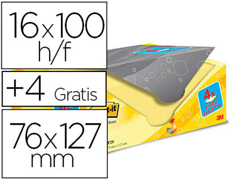 Bloco de Notas Adesivas Post-it Super Sticky Amarelo Canario 76x127 mm Pack Promocional 16+4 Gratis